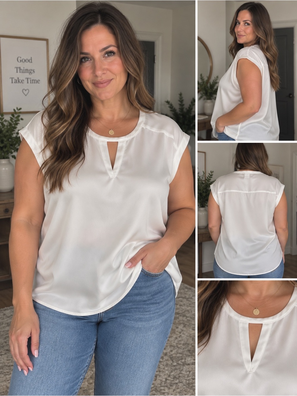 New York & Company Ivory Keyhole Cap-Sleeve Blouse